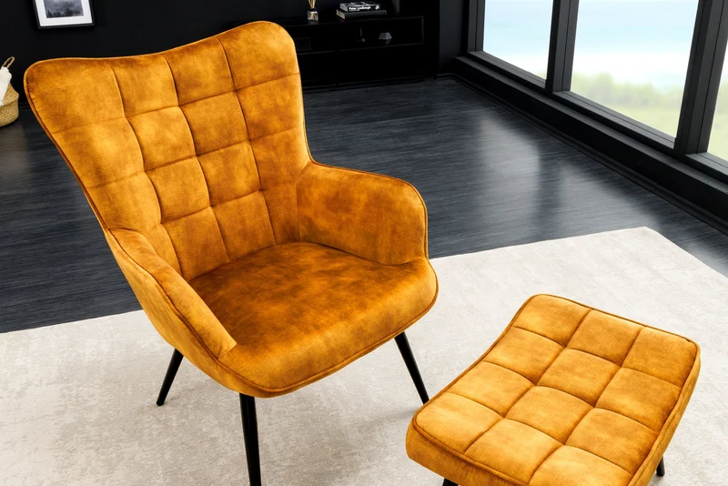 Fauteuil moderne SCANDINAVIA velours jaune moutarde pieds métal noir avec accoudoirs