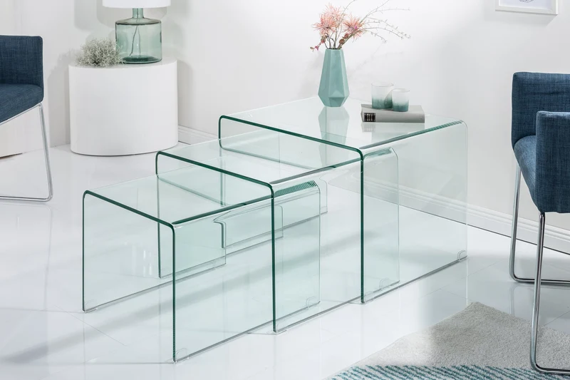 Lot de 3 tables basses design en verre FANTOME 60cm tables d’appoint transparentes
