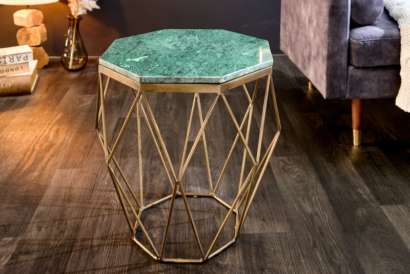 Table d'appoint abstraite DIAMOND 50cm marbre vert laiton métal
