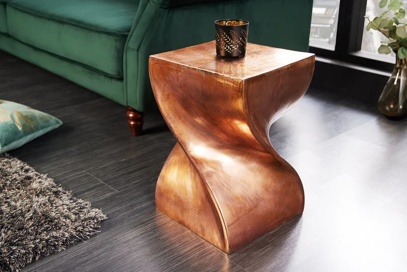 Table d'appoint sculpturale TWIST 45cm table de chevet artisanale en métal flammé cuivré
