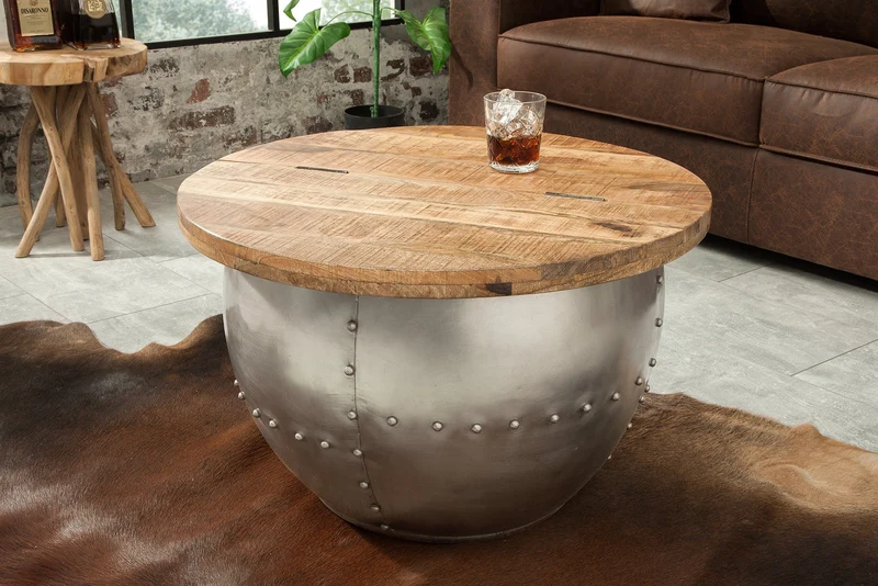 Table basse ronde DRUMP STORAGE 70cm en bois de manguier argenté naturel avec espace de rangement fait main industriel