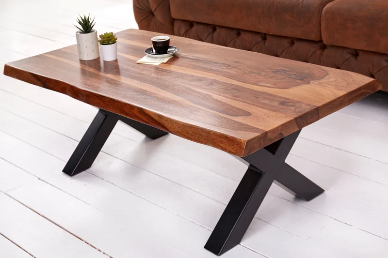 Table basse design AMAZONAS 110 cm marron bois massif de sheesham bordé d'arbre