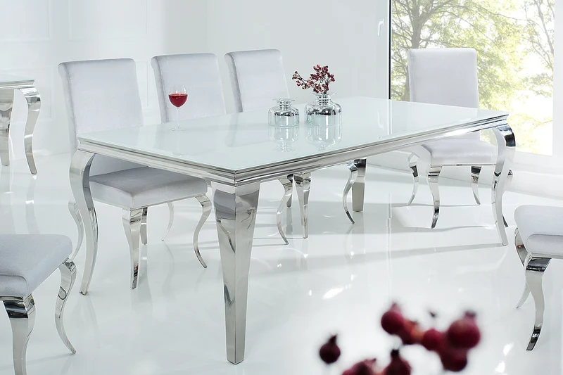 Table à manger au design élégant et moderne de style baroque, 200 cm, plateau en acier inoxydable blanc et verre opale