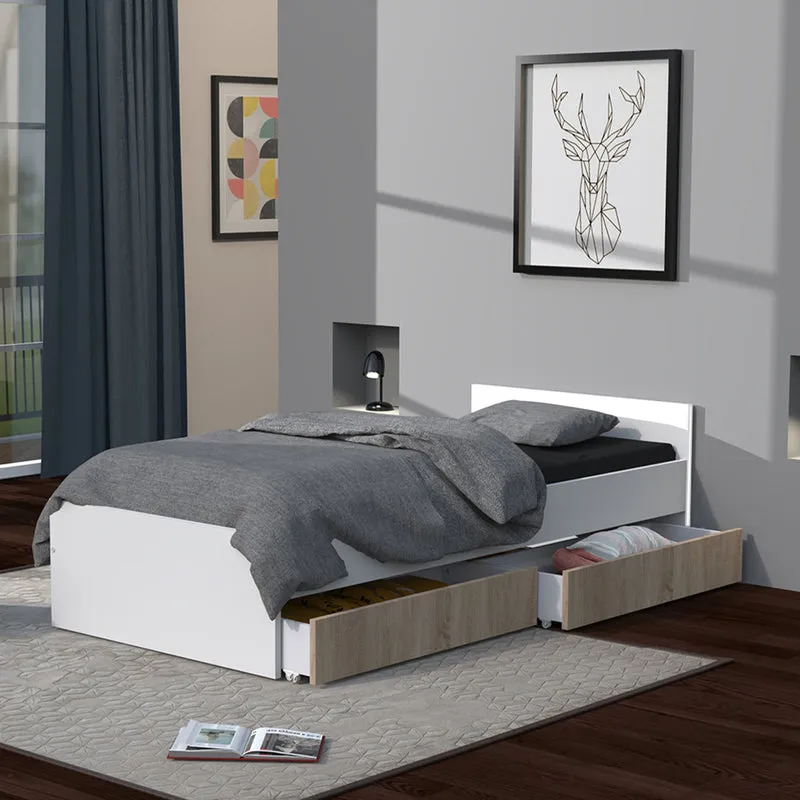 Lit 90x190 tiroirs inclus Orson Bois blanchi et Blanc