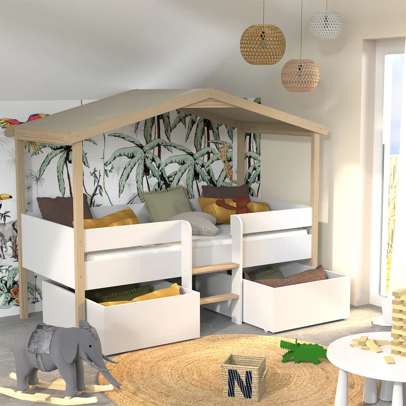 Lit cabane mi-hauteur 90x200 sommier et tiroirs inclus Kayla Bois et Blanc