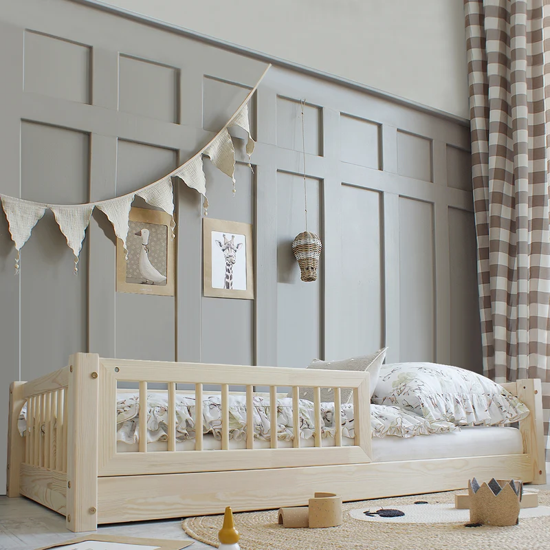 Lit 90x190 barrière et sommier inclus pieds 1 cm Adèle Bois