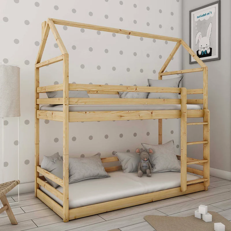 Lit cabane superposé 90x190 au sol sommiers inclus Louis Bois