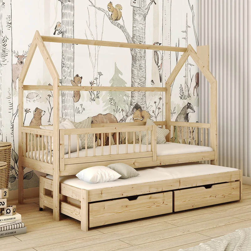 Lit cabane 90x190 sommiers lit gigogne et tiroirs Lino Bois
