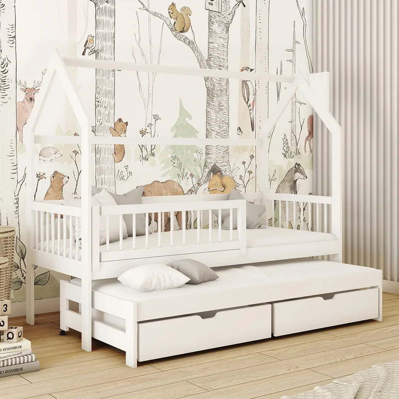 Lit cabane 90x200 sommiers lit gigogne et tiroirs Lino Blanc