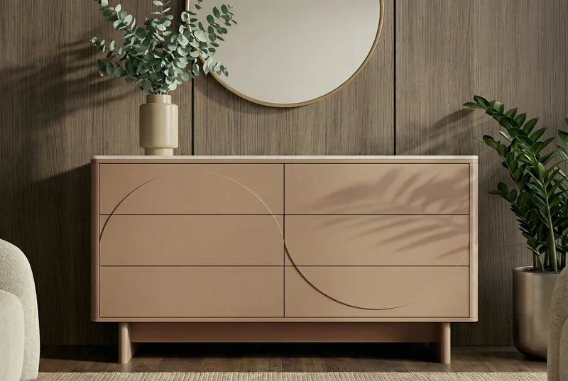Buffet design SAVOY 150cm gris beige grège en céramique travertin avec six tiroirs