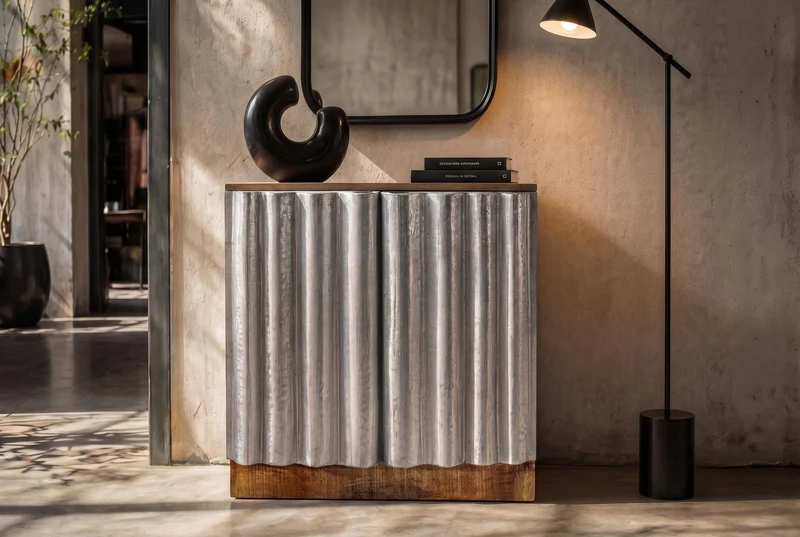 Buffet compact ZALVERO 80cm en bois de manguier argent naturel avec façade en métal-aluminium
