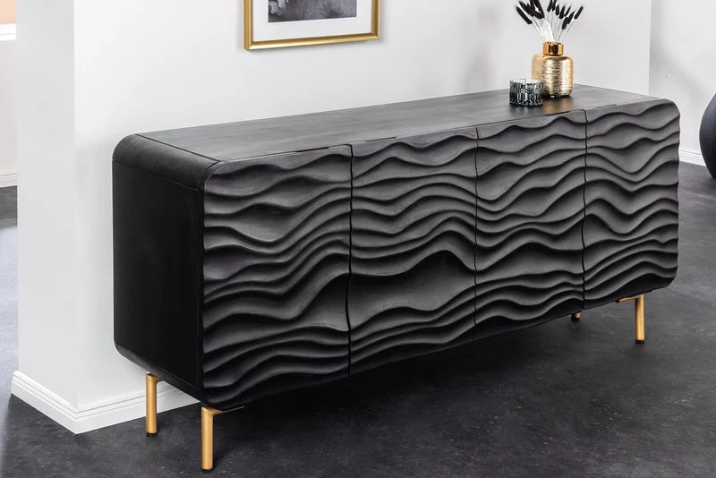Buffet design WAVE 160cm en manguier noir massif pieds métal doré mat