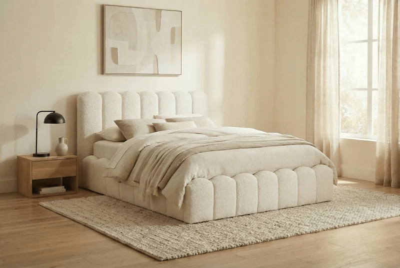 Lit double en tissu bouclette beige 160x200 cm RITA