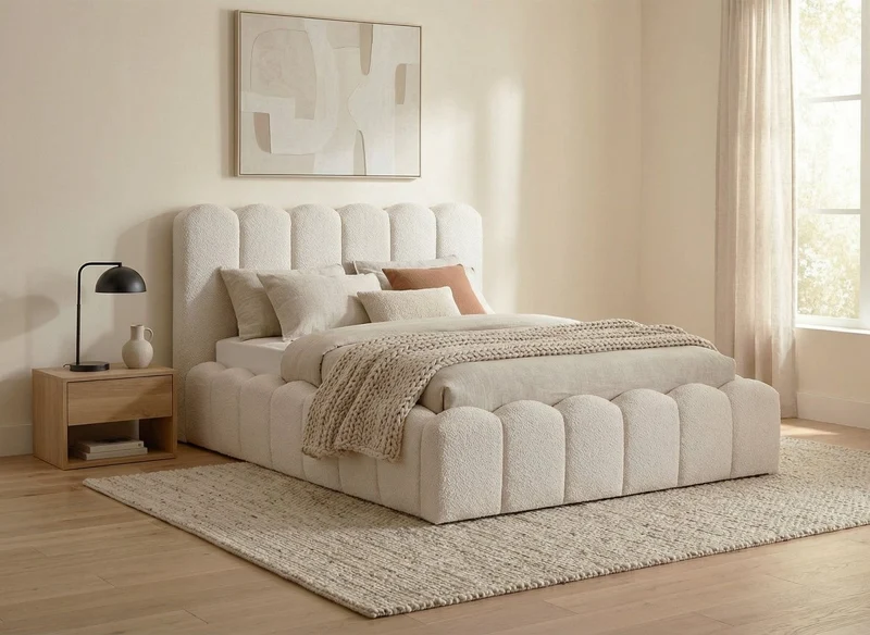Lit double en tissu bouclette beige 140x190 cm RITA