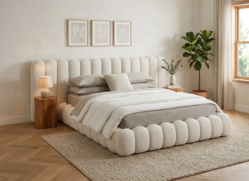 Lit double en tissu bouclette beige 180x200 cm GRETA