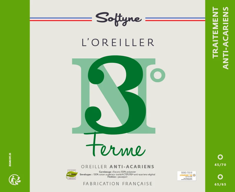 Oreiller 45 x 70 cm Softyne n°3 moelleux et anti-acariens