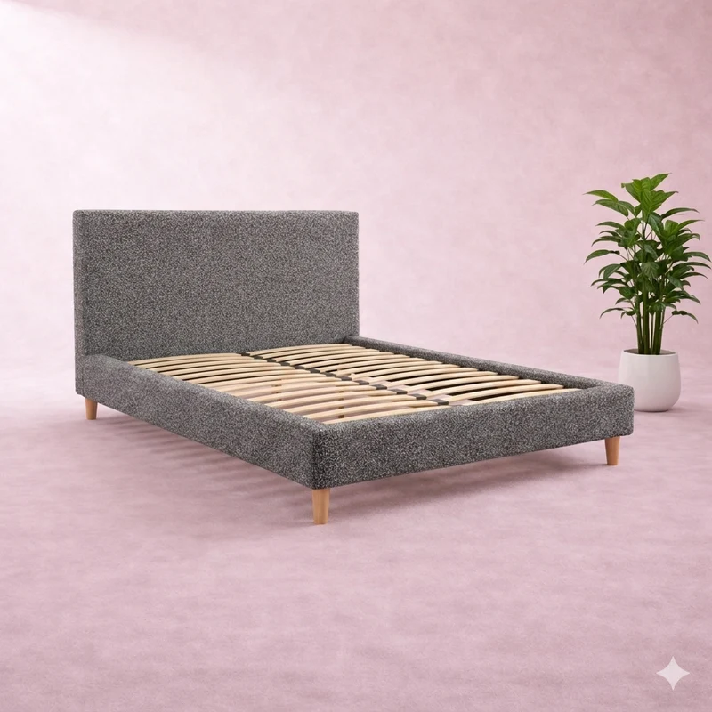 Loft - Lit avec tête de lit design nordique en tissu bouclette Gris
