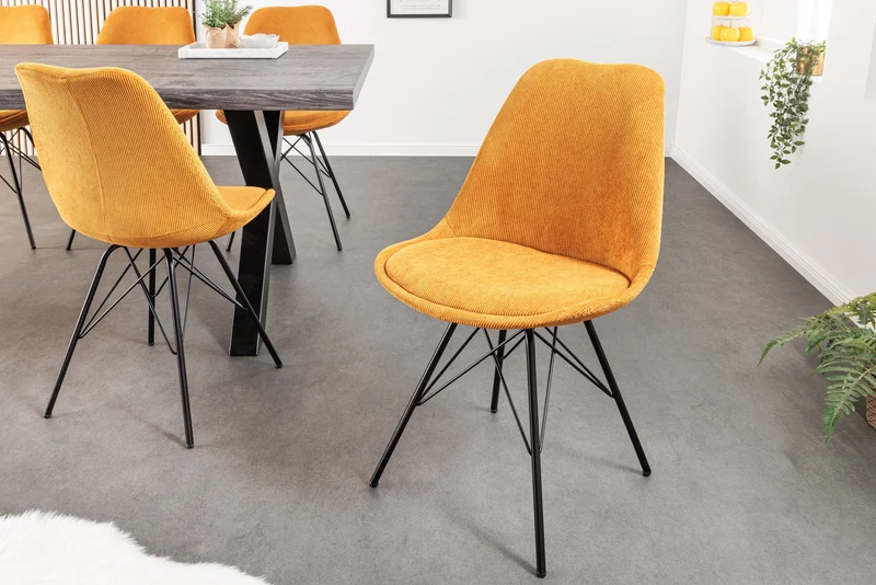 Lot de 2x chaises design SCANDINAVIA MEISTERSTÜCK velours jaune moutarde pieds métal noir