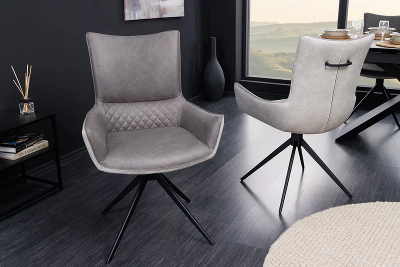 Lot de 2x chaises pivotante design ALPINE gris accoudoirs gris clair pieds métal noir