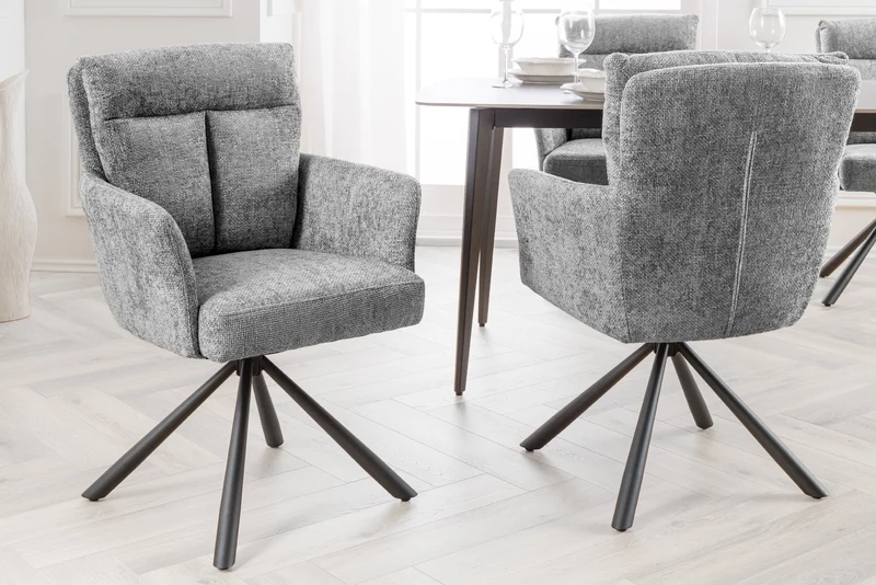 Lot de 2x chaises pivotante BIG GEORGE en tissu structuré gris avec accoudoirs en métal noir