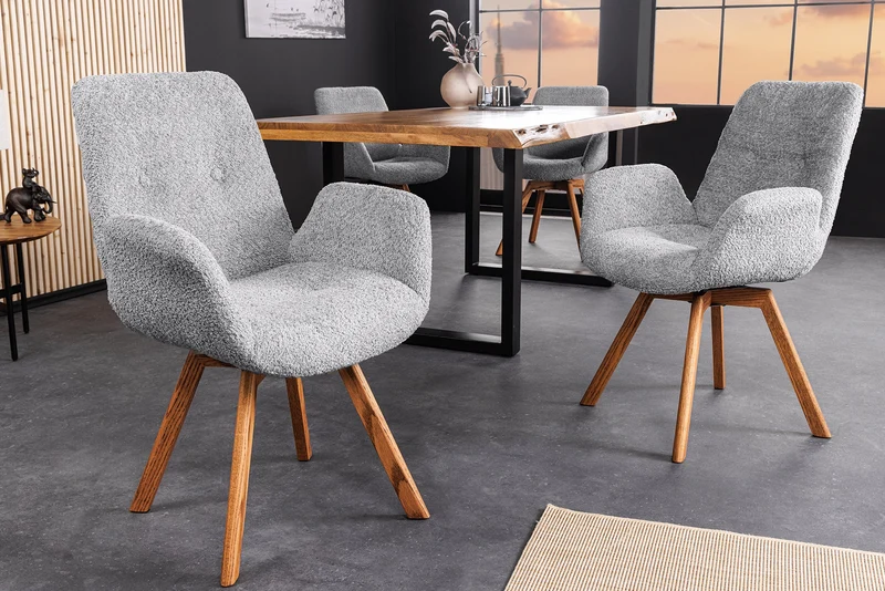 Lot de 2x chaises design pivotante BALTIC gris Bouclé pieds en bois massif de chêne naturel avec accoudoirs