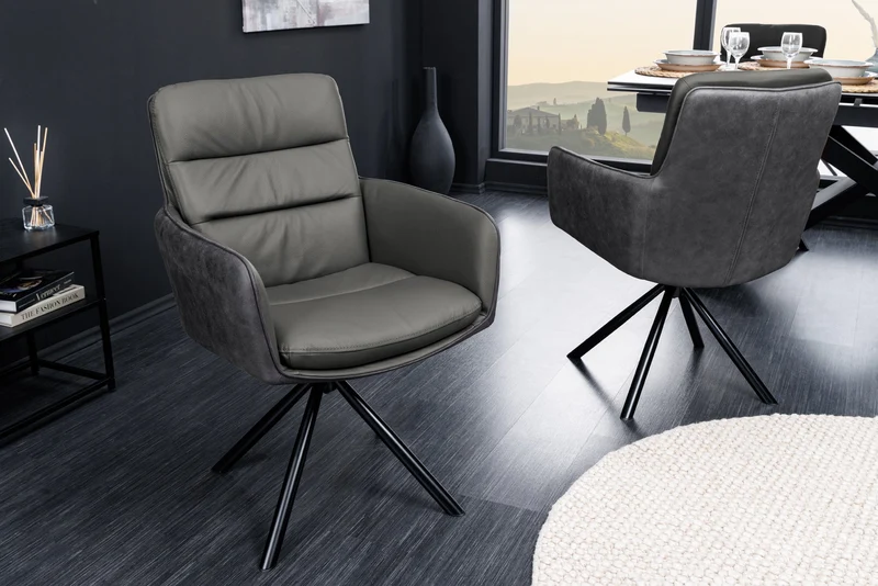 Chaise pivotante BIG GEORGE en cuir véritable gris microfibre avec accoudoirs pieds en métal noir