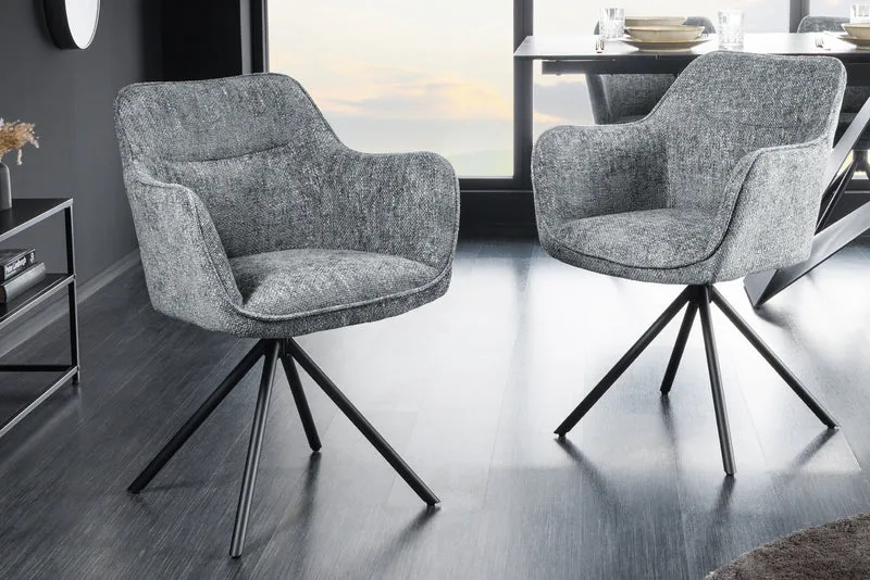 Lot de 2x chaises pivotante VERONA en tissu structuré gris avec accoudoirs et pieds en métal noir