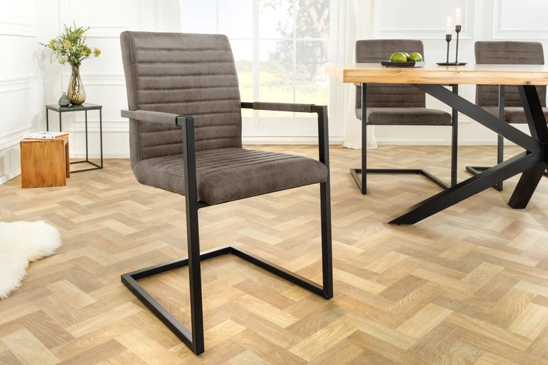 Lot de 2x chaises cantilever moderne LOFT en microfibre gris taupe avec accoudoirs et structure en fer noir