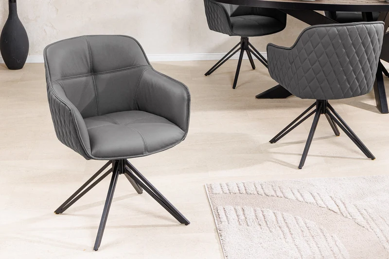Lot de 2x chaises design pivotante EUPHORIA en cuir véritable gris, structure en métal noir avec accoudoirs