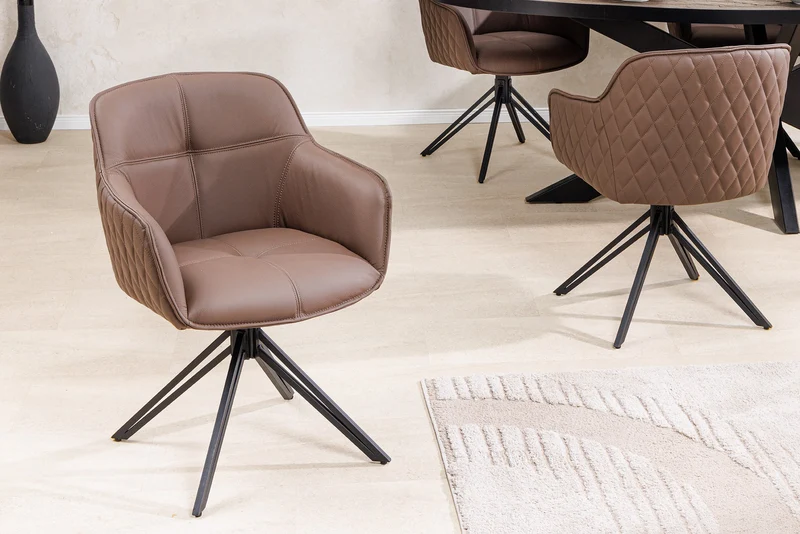 Lot de 2x chaises design pivotante EUPHORIA en cuir véritable marron, structure en métal noir avec accoudoirs