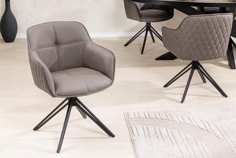 Lot de 2x chaises design pivotante EUPHORIA en cuir véritable taupe, structure en métal noir avec accoudoirs