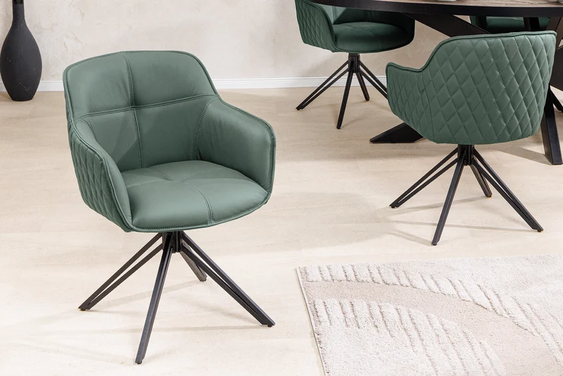 Lot de 2x chaises design pivotante EUPHORIA en cuir véritable vert, structure en métal noir avec accoudoirs