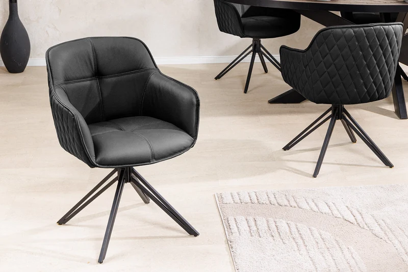 Lot de 2x chaises design pivotante EUPHORIA en cuir véritable noir, structure en métal avec accoudoirs