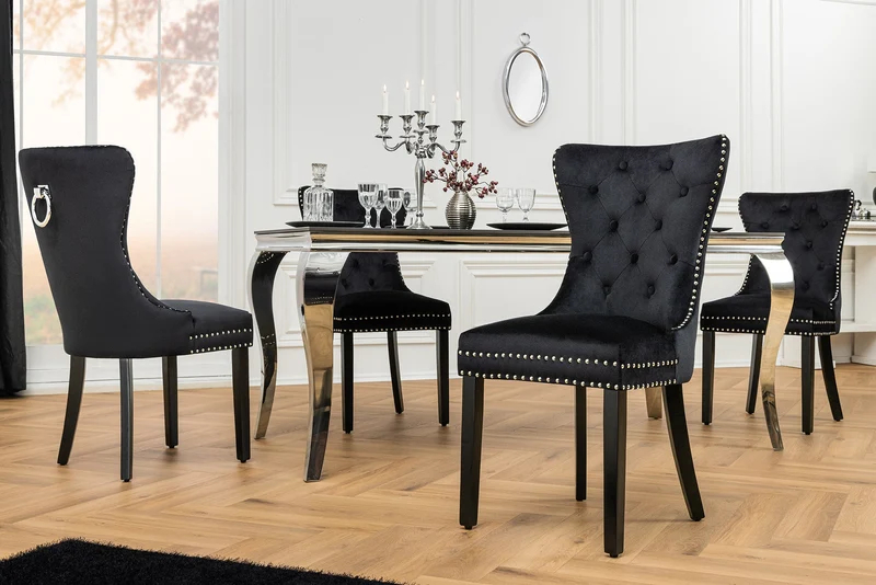 Lot de 2x chaises Chesterfield CASTLE velours noir bois massif rivets décoratifs avec poignée confort