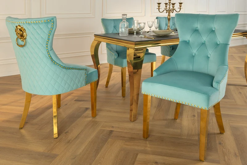 Lot de 2x chaises baroque CASTLE DELUXE velours bleu acier inoxydable doré avec tête de lion Chesterfield