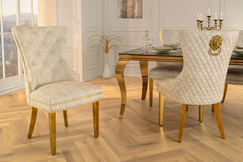 Lot de 2x chaises baroque CASTLE DELUXE velours beige acier inoxydable doré avec rivets décoratifs tête de lion