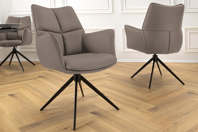 Lot de 2x chaises pivotante PAPILLON en cuir véritable marron avec accoudoirs, structure noire