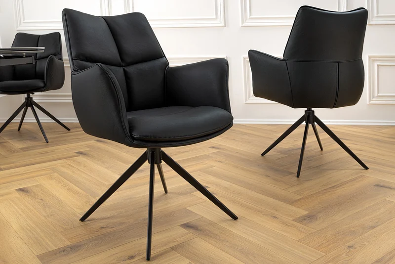 Lot de 2x chaises pivotante PAPILLON en cuir véritable noir avec accoudoirs, structure noire