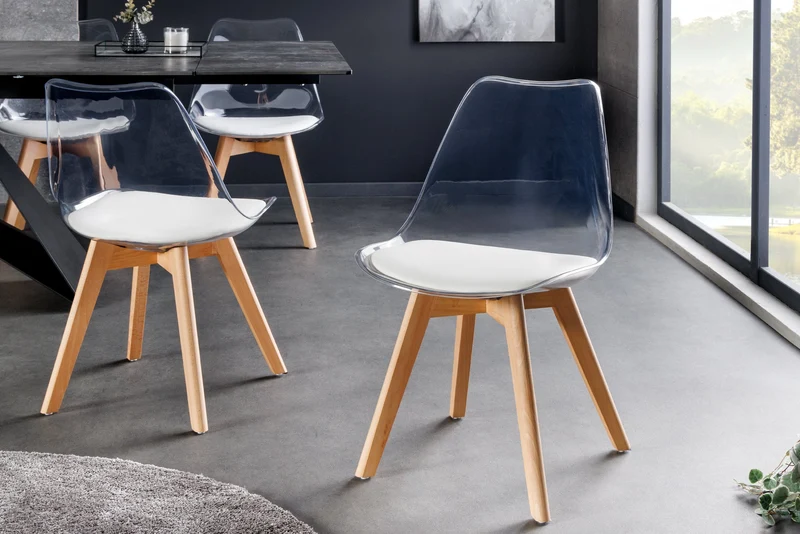 Lot de 2x chaises design SCANDINAVIA MEISTERSTÜCK en plastique blanc transparent et bois de hêtre naturel