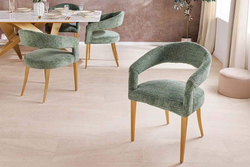 Lot de 2x chaises scandinave BOUTIQUE tissu texturé vert métal doré champagne brossé