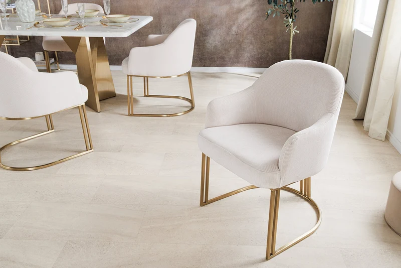 Lot de 2x chaises avec accoudoirs EXTRAVAGANCIA beige cordon métal brossé champagne or