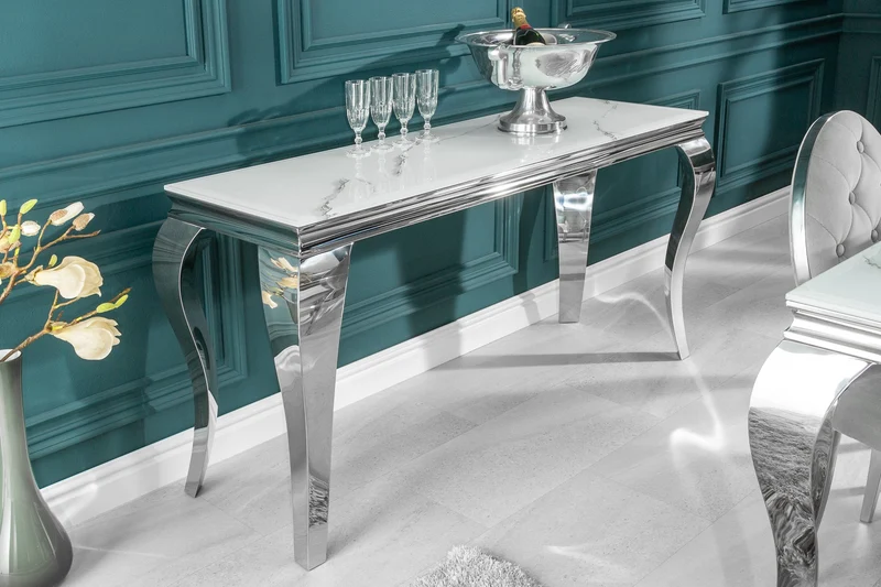 Console élégante BAROQUE MODERNE 145cm avec plateau en verre aspect marbre pieds en acier inoxydable