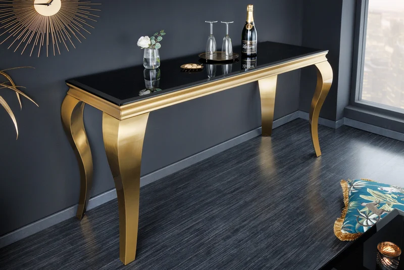 Console élégante de style baroque moderne de 145 cm, verre opale noir doré, pieds en acier inoxydable