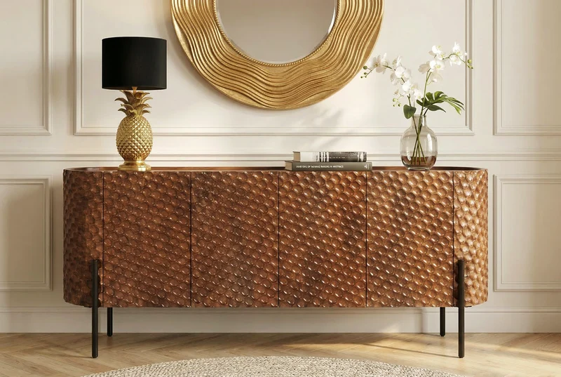 Buffet massif ADLON 180cm manguier marron métal noir façade 3D en structure nid d’abeille