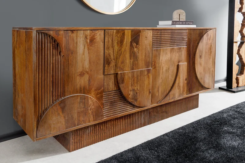 Buffet massif ART DECO 170cm marron fumé manguier façade 3D