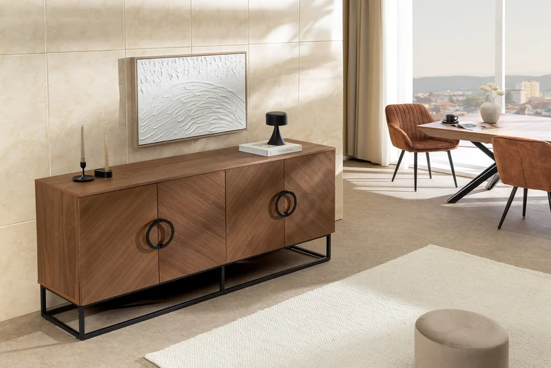 Buffet industriel GRANDEZZA 180cm noyer naturel métal noir beaucoup de rangements