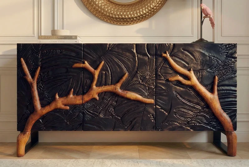 Buffet massif FOREST 160cm bois de manguier marron noir six compartiments façade 3D