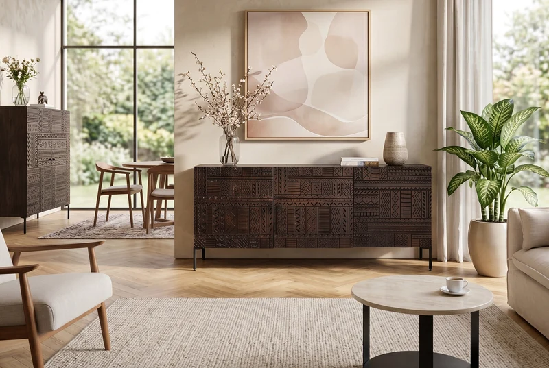 Buffet massif TRIBAL 180cm en manguier marron antique Façade 3D nombreux rangements