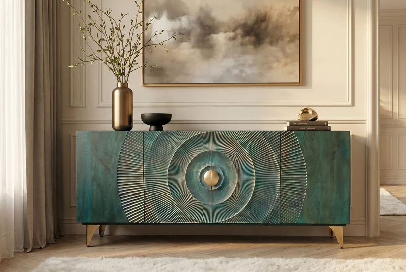 Buffet artisanal GOLDEN SUNSET 180cm turquoise doré pieds métal bois de manguier
