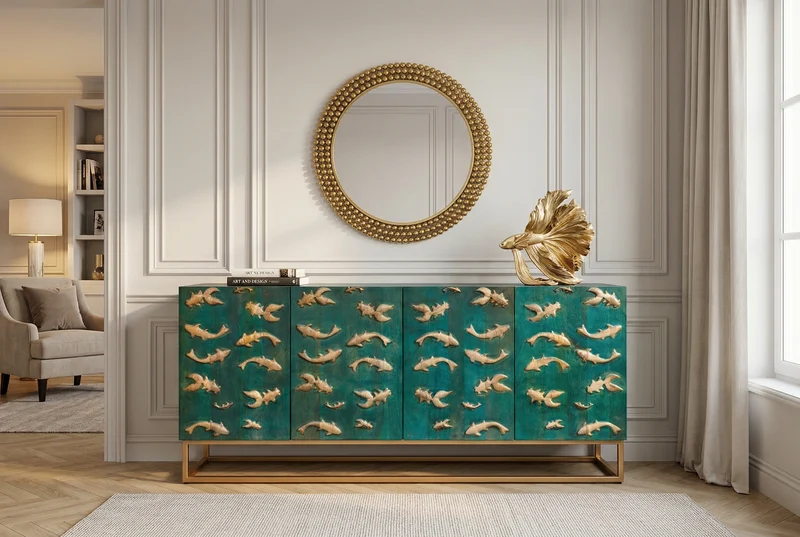 Buffet massif GOLDEN LAGOON 180cm turquoise doré bois de manguier métal façade 3D